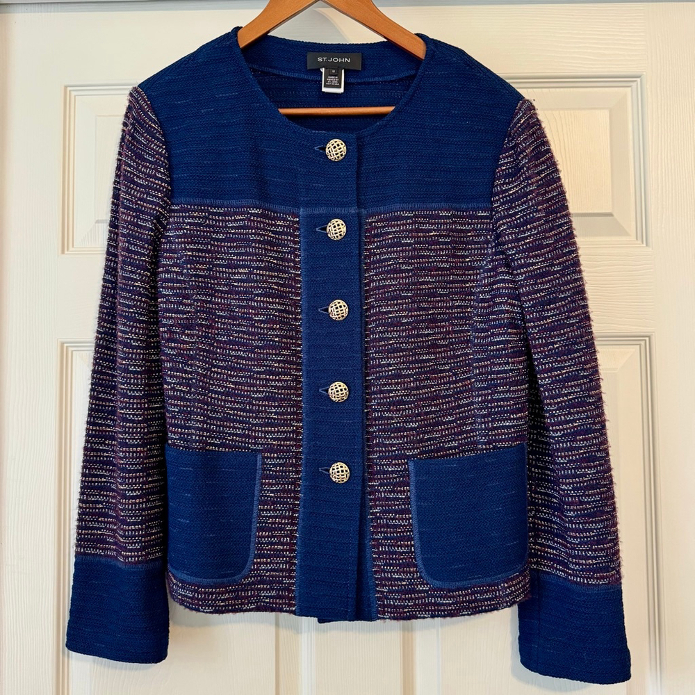 St. John Navy Blue & Maroon Knit Blazer Jacket Size 12